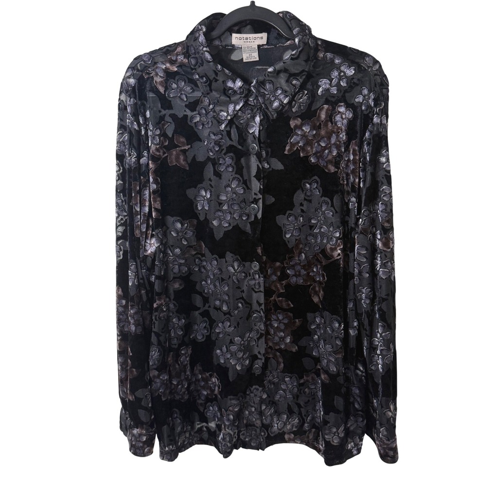 Notations Woman 2X Burnout Velvet Floral Button Down Shirt Black Whimsygoth